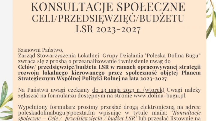 Konsultacje społeczne Lokalnej  Grupy Działania „Poleska Dolina Bugu”